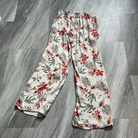 White floral linen pants elastic waist & pockets size medium red & orange - Picture 12 of 13